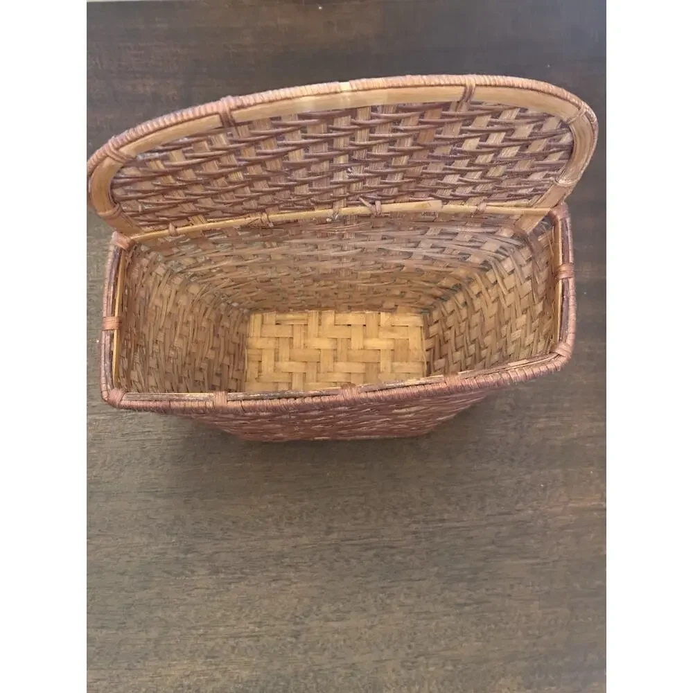 Woven Wicker Basket Two Tone Brown Pocket Flat Back Boho Farmhouse Decor Storage